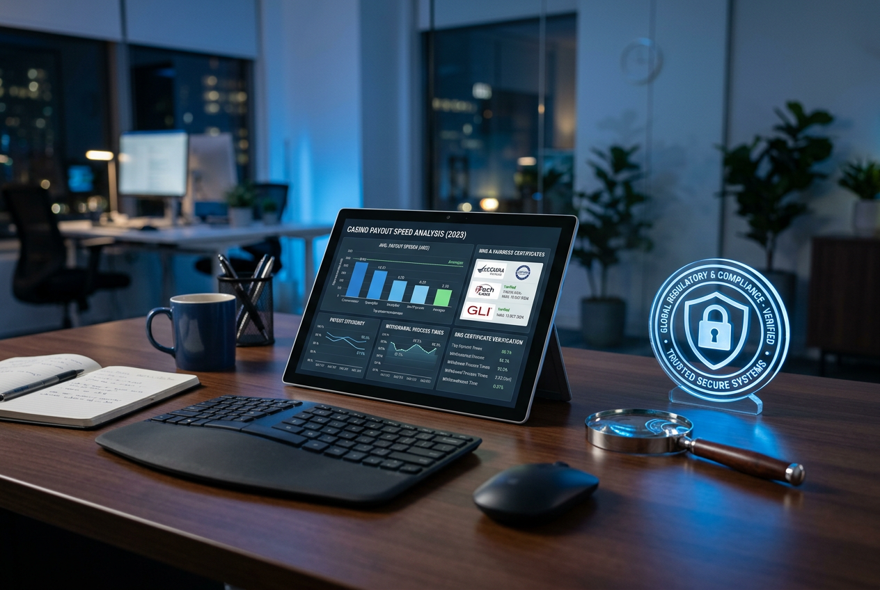 Professional auditor workplace checking casino payout stability and RNG certificates on modern devices