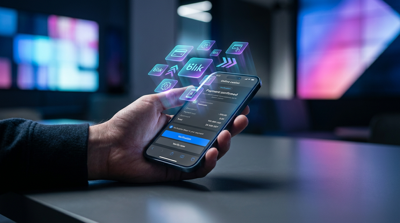 Futurystyczny interfejs kasyna online 2026 z ikonami płatności BLIK