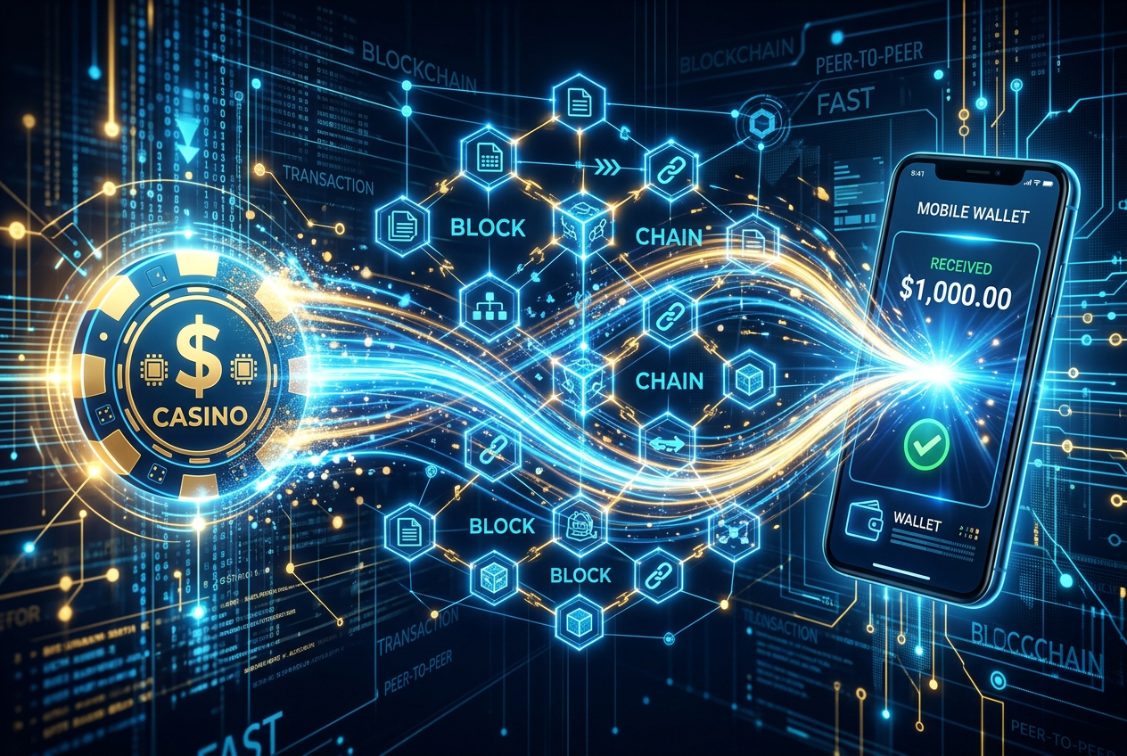 Abstrakcyjna wizualizacja technologii błyskawicznych wypłat blockchain w iGamingu