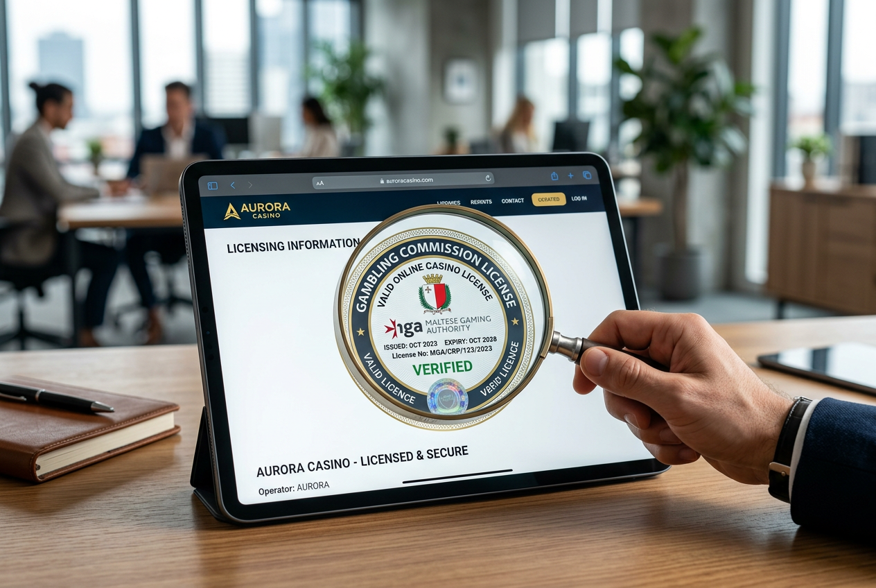 Weryfikacja licencji kasyna online na tablecie z lupą
