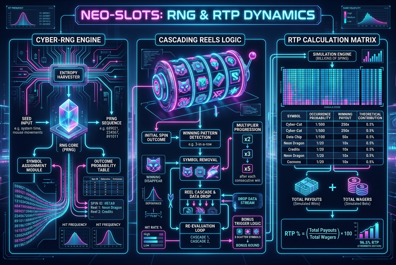 Techniczna infografika przedstawiająca silnik RNG i mechanikę kaskadową slotu w stylu cyberpunk